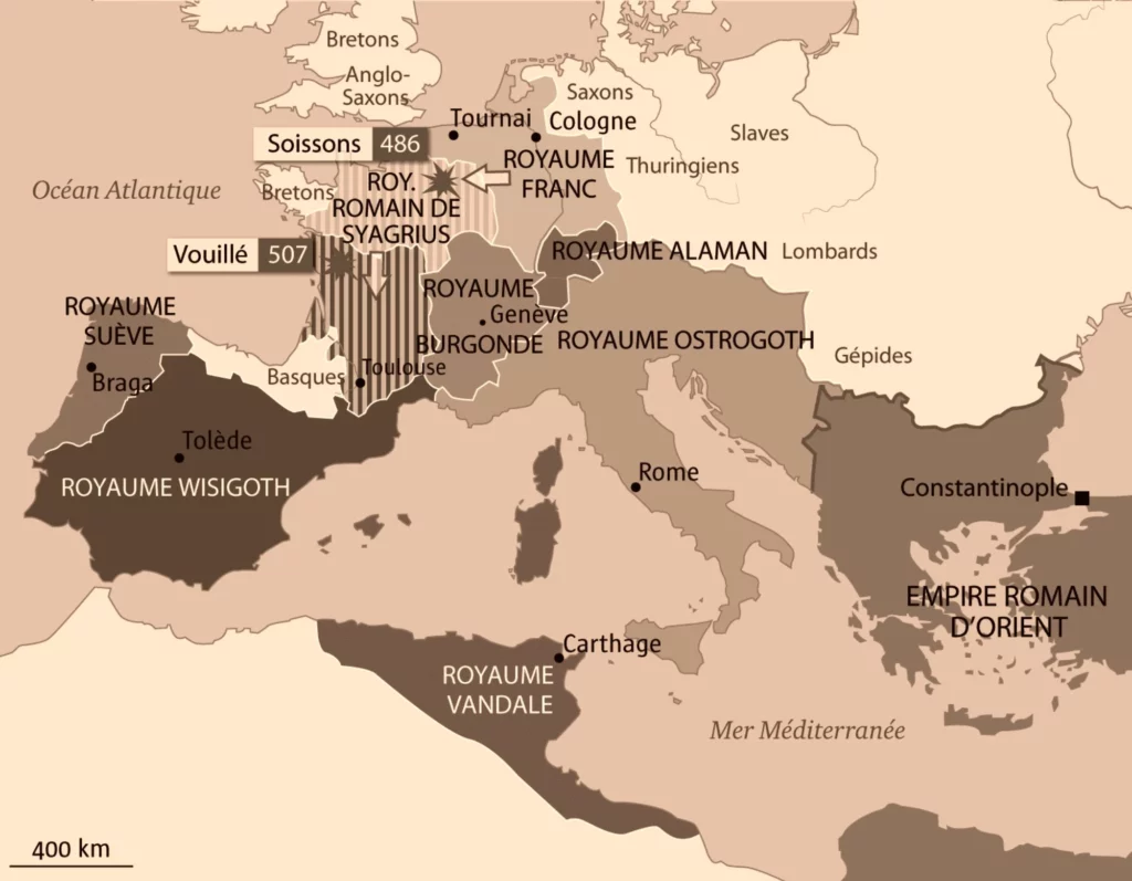 L'Empire Romain d'Orient et les royaumes barbares à la fin du Ve siècle.