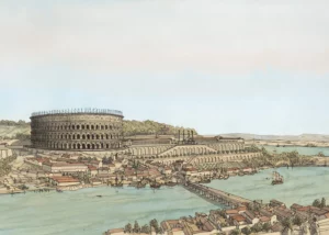 Lyon (Lugdunum) au début du Bas-Empire romain. D'après un dessin de Jean-Claude Golvin.