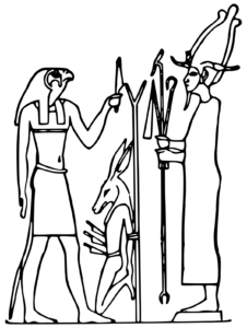 Le supplice de Seth (ou Typhon, le dieu à tête d'âne) exécuté par Horus devant Osiris.