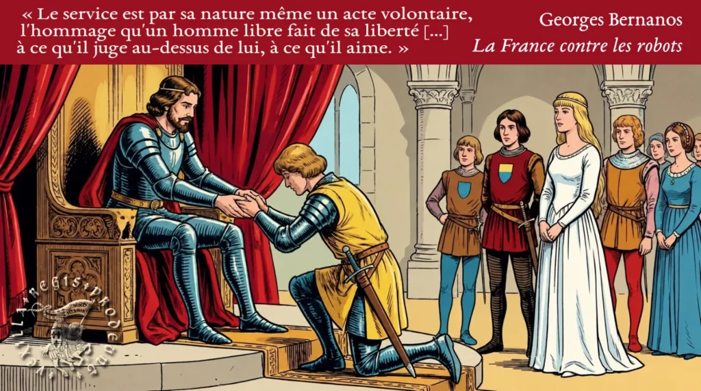 Hommage vassalique : le vassal, mains jointes dans celles de son seigneur, image de l'obéissance libre